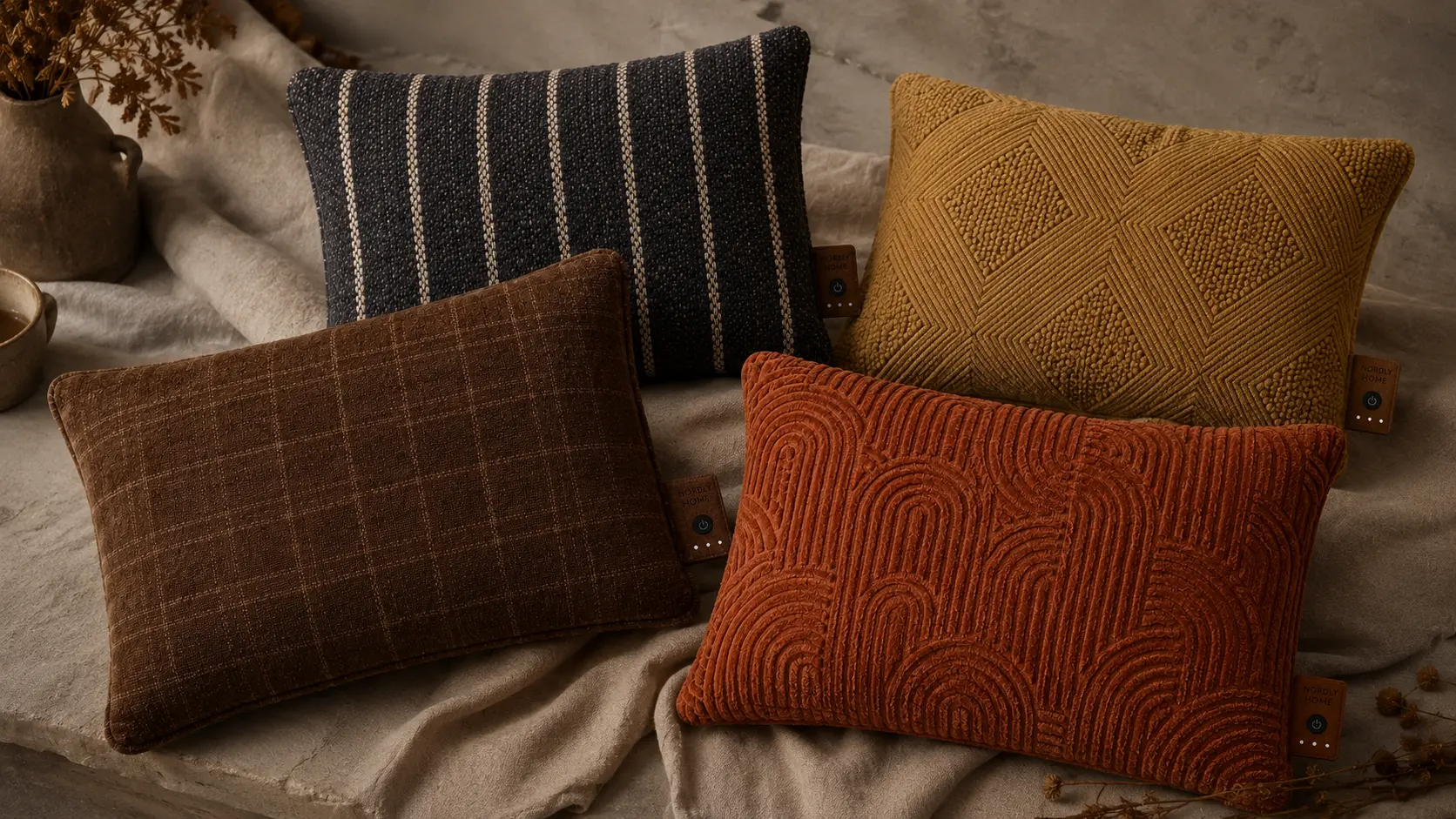 Flatlay van vier Nordly Home warmtekussens met geweven patronen