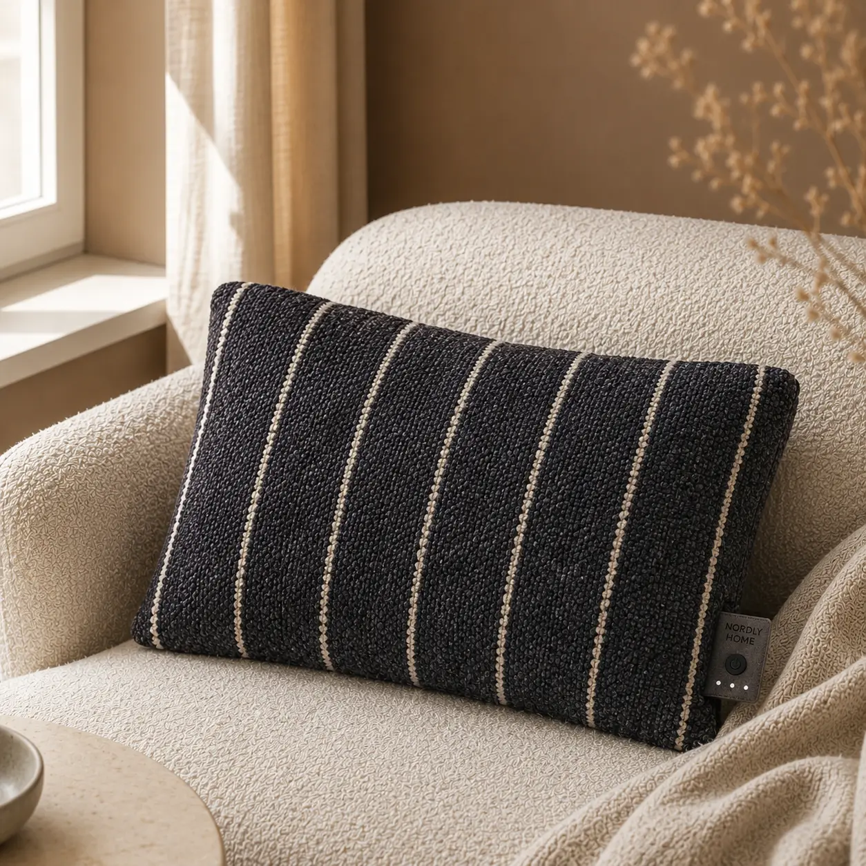Stripe warmtekussen, Ink | op de bank