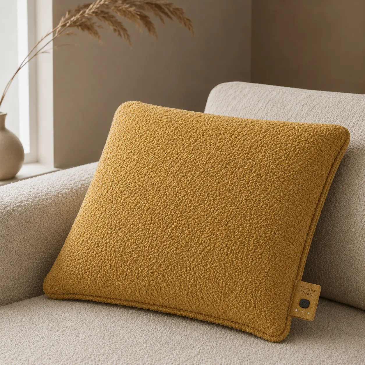 Bouclé warmtekussen, Mustard | op de bank