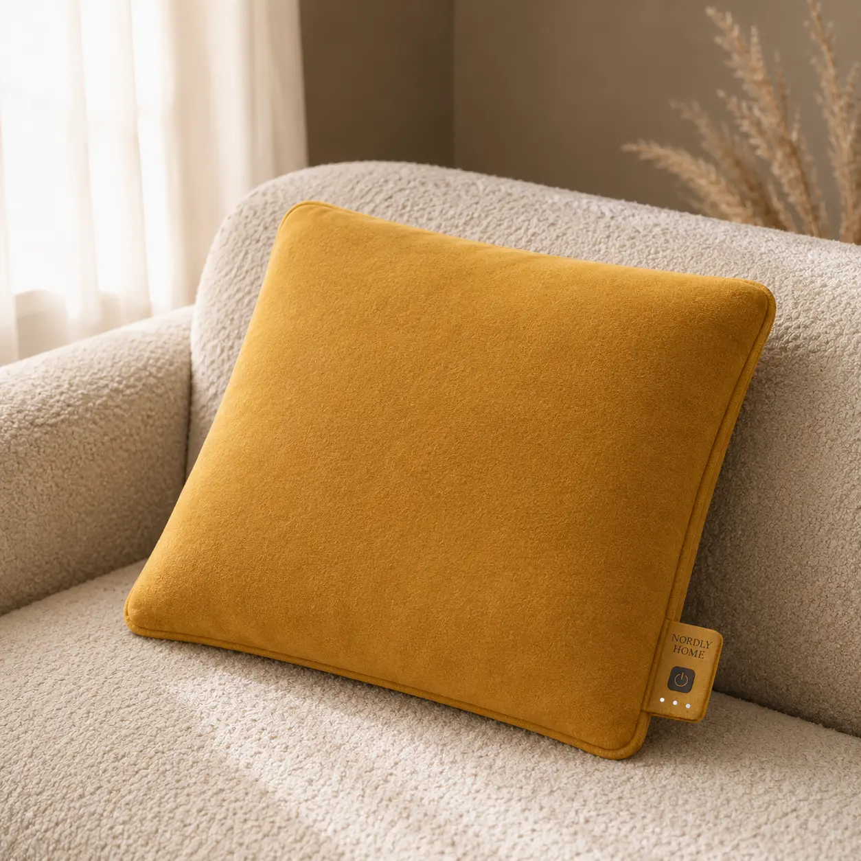 Fleece warmtekussen, Mustard | op de bank