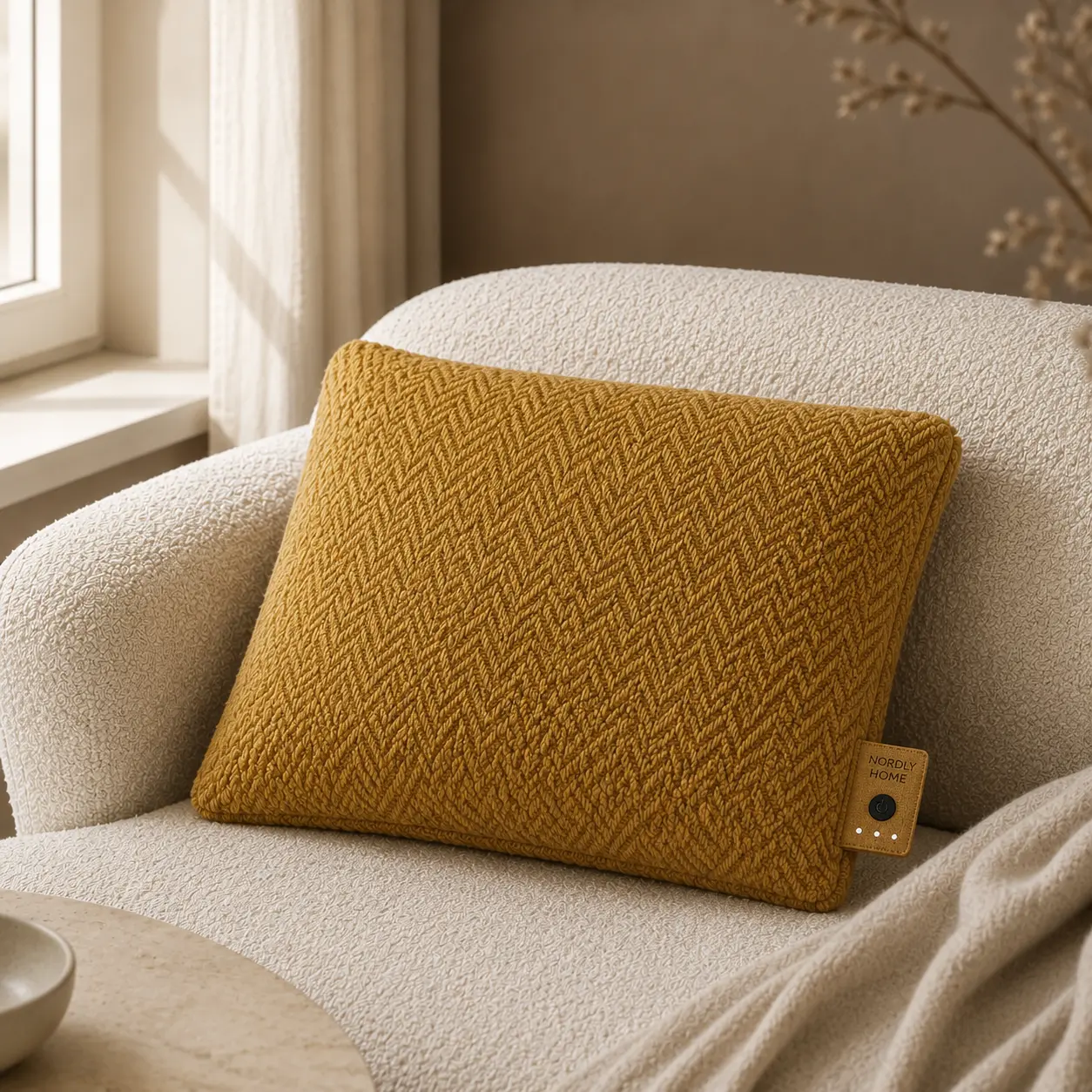 Herringbone warmtekussen, Mustard | op de bank