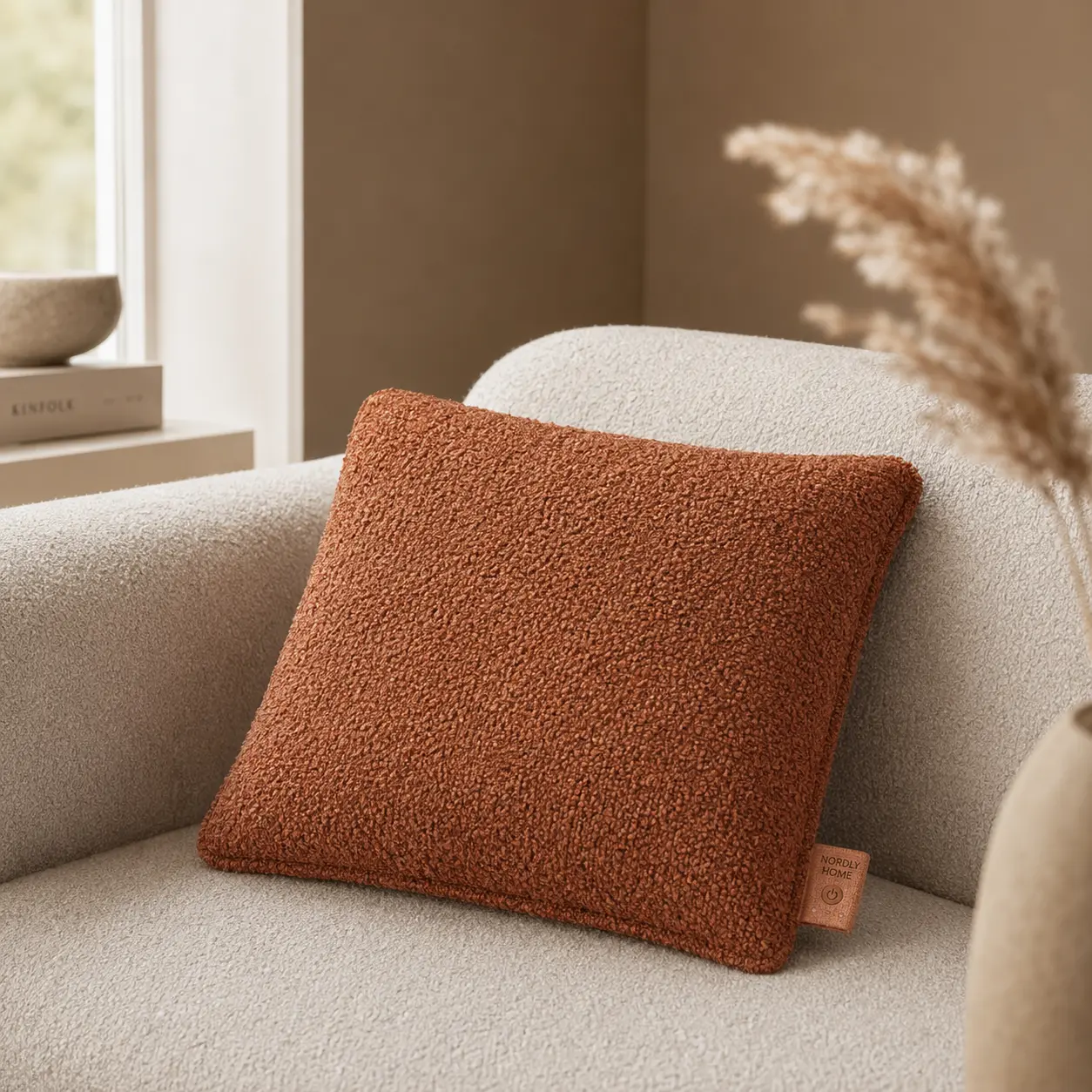 Bouclé warmtekussen, Terracotta | op de bank