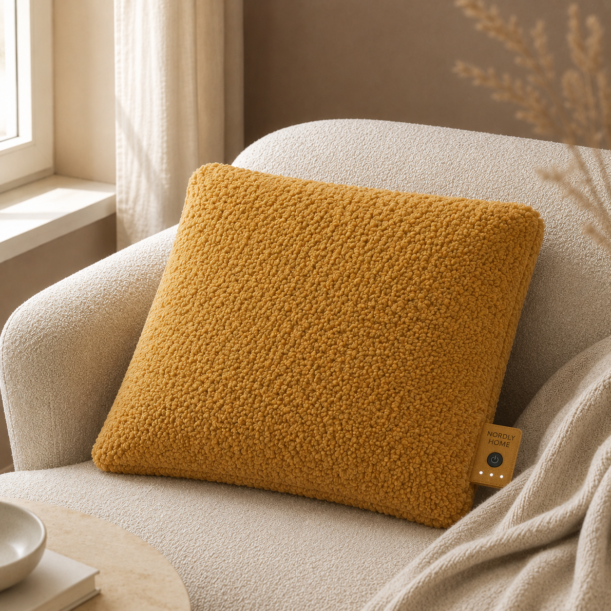 Teddy warmtekussen, Mustard | op de bank